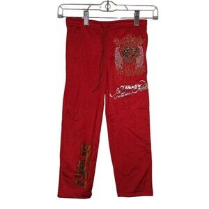 Vintage Ed Hardy Kids Sweatpants Size Medium Red Drawstring Zippered Pockets NWT